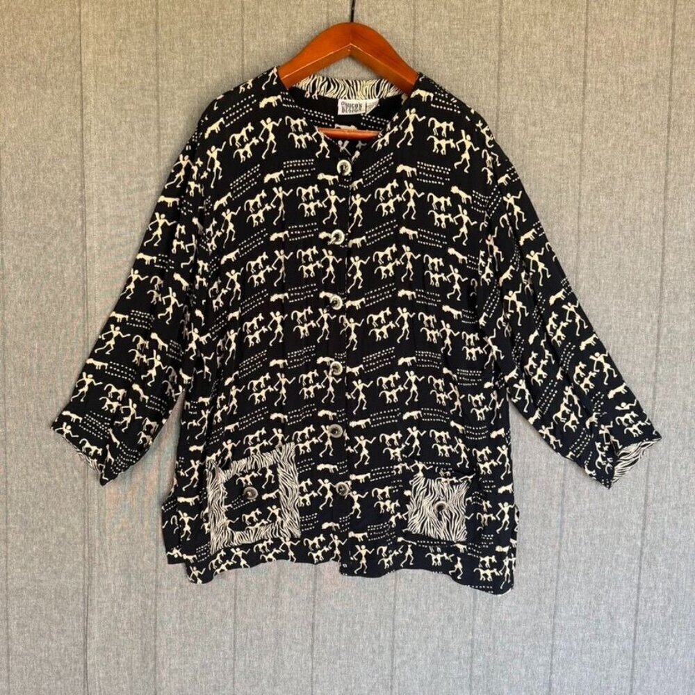 90s Vintage Chico's Black‎ Cream Cave Art Zebra Print Silver Button Front Tunic